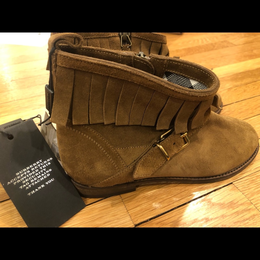 Burberry Kids Brown Suede Fringe Boots. Brand New, Never Worn. NWT. New w/tags
